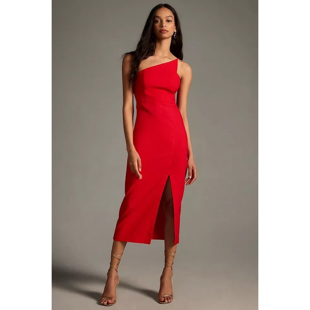 By Anthropologie One-Shoulder Slim Midi Dress in Red Size XXS Cocktail Classic